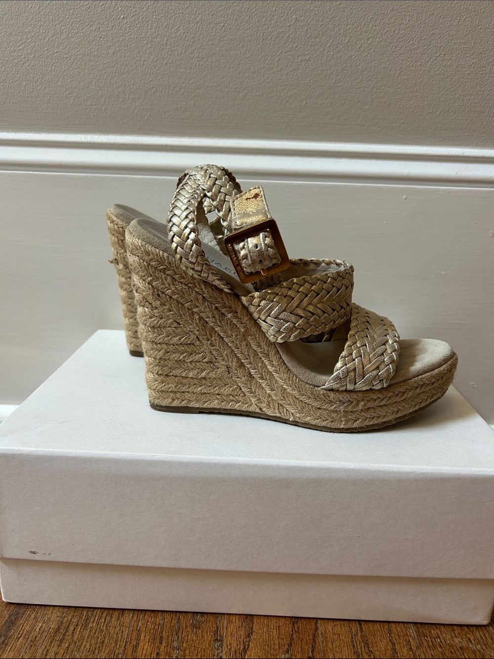 Michael Kors Metallic Gold Braided Espadrille Wedges